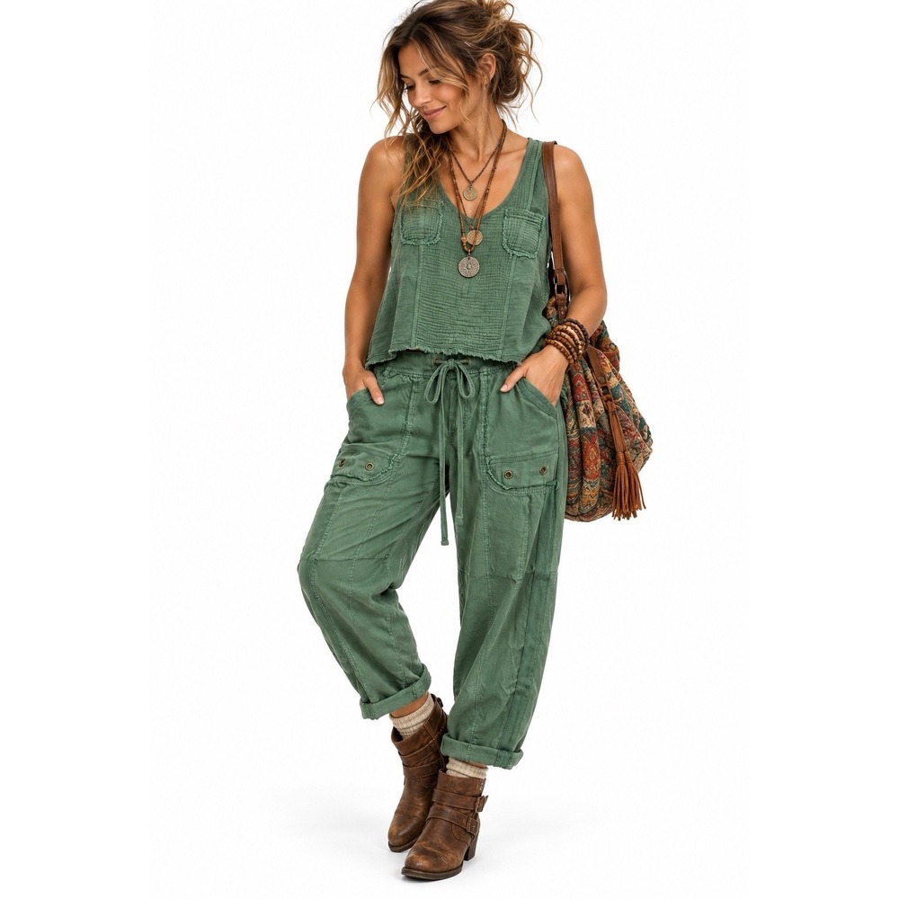 XCVI 2 Piece Set Pants Sleeveless Gauzy Top XS Green Lagenlook Cottagecore Boho